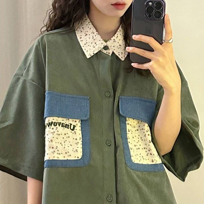 

Женская рубашка с коротким рукавом, персонализированная блузка с карманами, летняя, тонкая, универсальная женская одежда для поездок на работу one size зелёный