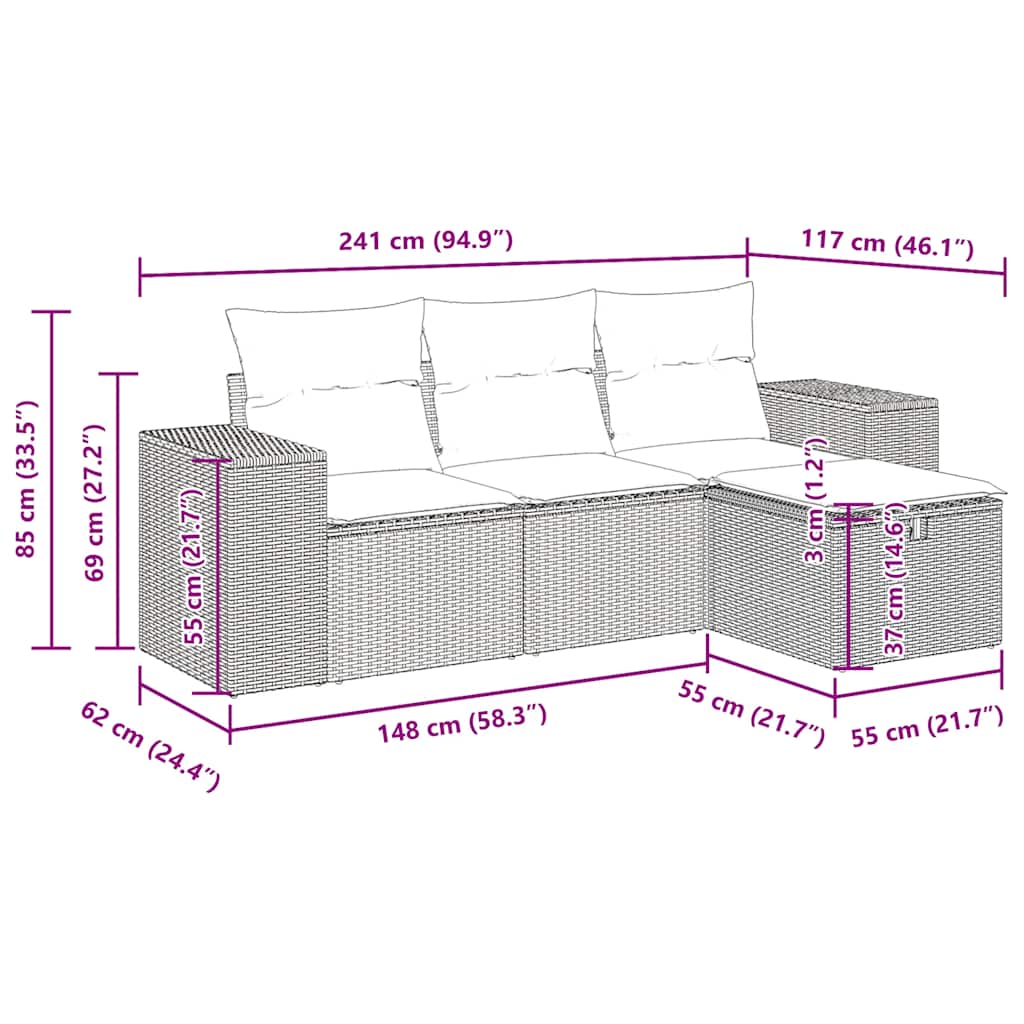 4 Piece Garden Sofa Set with Cushions Grey Poly Rattan