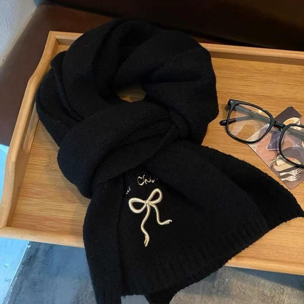 Bow Embroidered Scarf Thick Winter Wool Scarf Fashion Neckerchief Stylish Solid Color Scarf For Everyday Wear Gifts Winter Wear