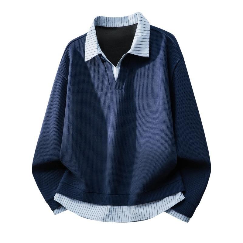 Men's Waffle Knit Fake Two-Piece Casual Fashion  Polo Sweatshirt