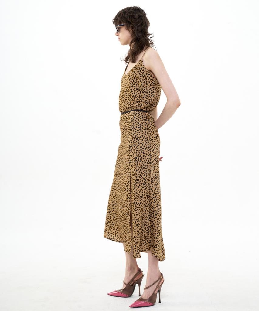 Bikwaieos Flared Satin Slit Skirt Leopard_Brown Black