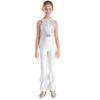 Girls Performance Jumpsuit Sleeveless Turndown Collar Shiny Sequins Zipper Design Bell Bottom Pants