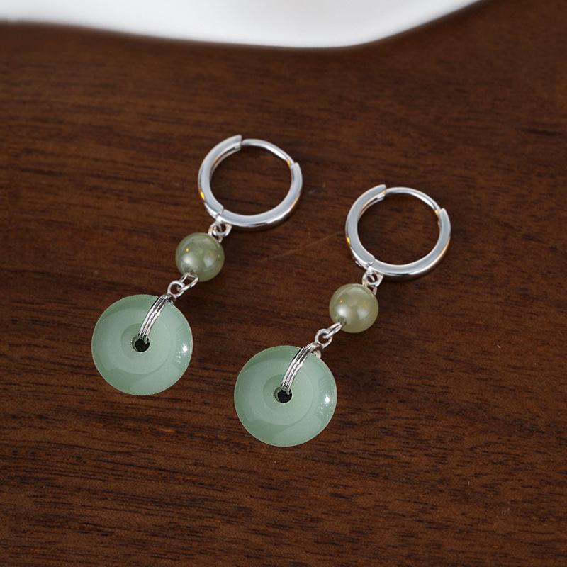 Transshipment Round Bead Safety Buckle Earrings Retro Chinese Style Han Element Ear Buckle Long Hetian Jade Jasper Bead White Jade Earrings