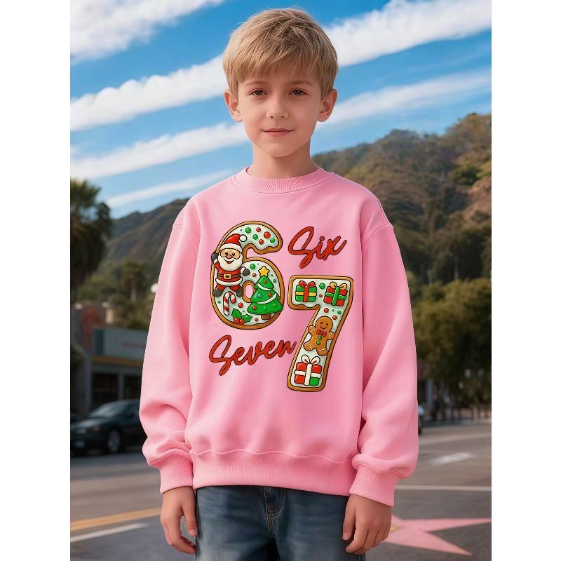 Kids Unisex Sweatshirt, Christmas Cookie Santa Gingerbread Number 67 Print Pullover, Boys Girls Holiday Birthday Sweatshirt For Kids Over 4 Years Old