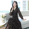 Female Spring/Summer V-neck Printed Floral A-line Skirt Beautiful and Elegant Ruffle Chiffon Dress