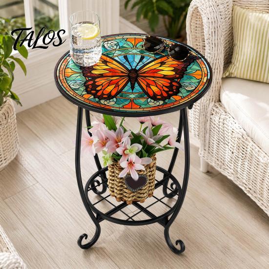 Mesa Lateral Externa Talos, Redonda Pequena Mosaico Pássaro Borboleta Acento de Pátio, Mesa de Apoio para Plantas Café Chá Interna para Quintal Varanda Jardim Sala de Estar, Quarto