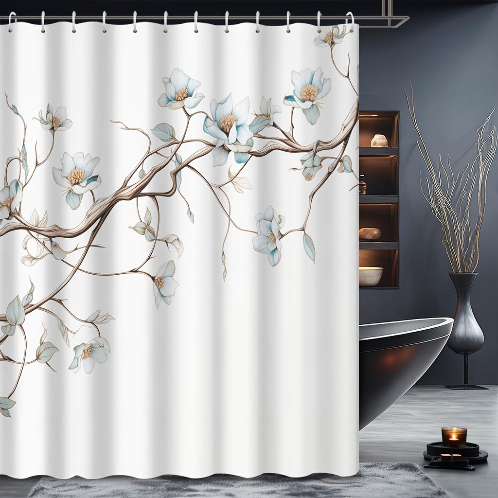 1 Stück Chinesischer Stil Elegante Aquarell Blaue Florale Deckenleuchte Badezimmer Duschvorhang, Badezimmerdekoration, Badezimmerzubehör