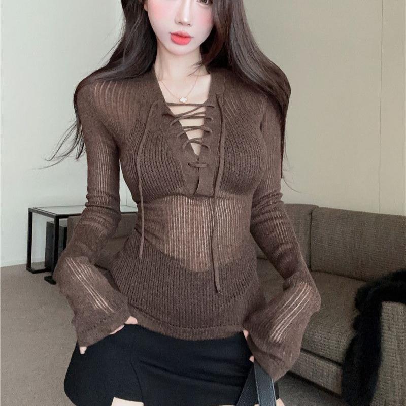 

Топ Spicy Girl, осенняя женская одежда, осторожная машина, сексуальный V-образный вырез, бретельки, длинный рукав, облегающий вязаный свитер L кофейный