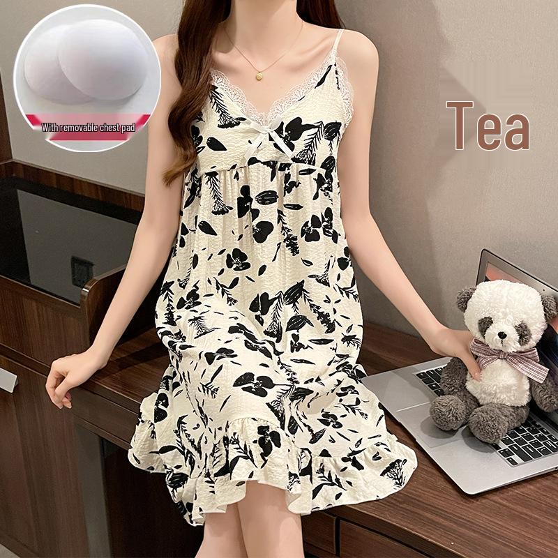 Summer V-Neck Nightdress with Chest Pads - Sexy Bubble Cotton Spaghetti Strap Style: Loose Fit Homewear for Women