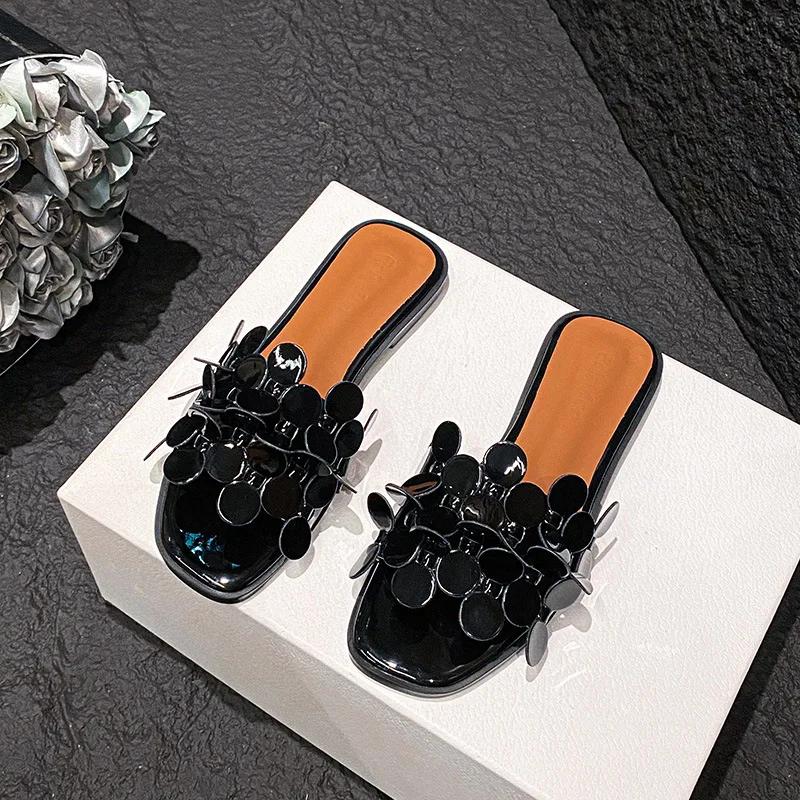 

New Designer Women Fashion Slipper Outdoor Flowers Leather Flat Shoes Girl Summer Sandals 41 чорний