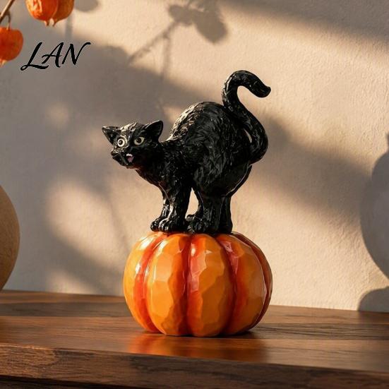 Black Cat Statue for Window Sill Halloween Pumpkin Ornament, Vintage Wood Carving Style Seasonal Festive Atmosphere Props Resin Figurine, Spooky