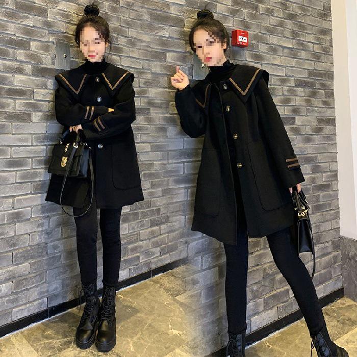 

Women s 2025 Navy Collar Medium Wool Coat – Korean Academic A-Line Style, Petite Fit, Single-Breasted. L чорний