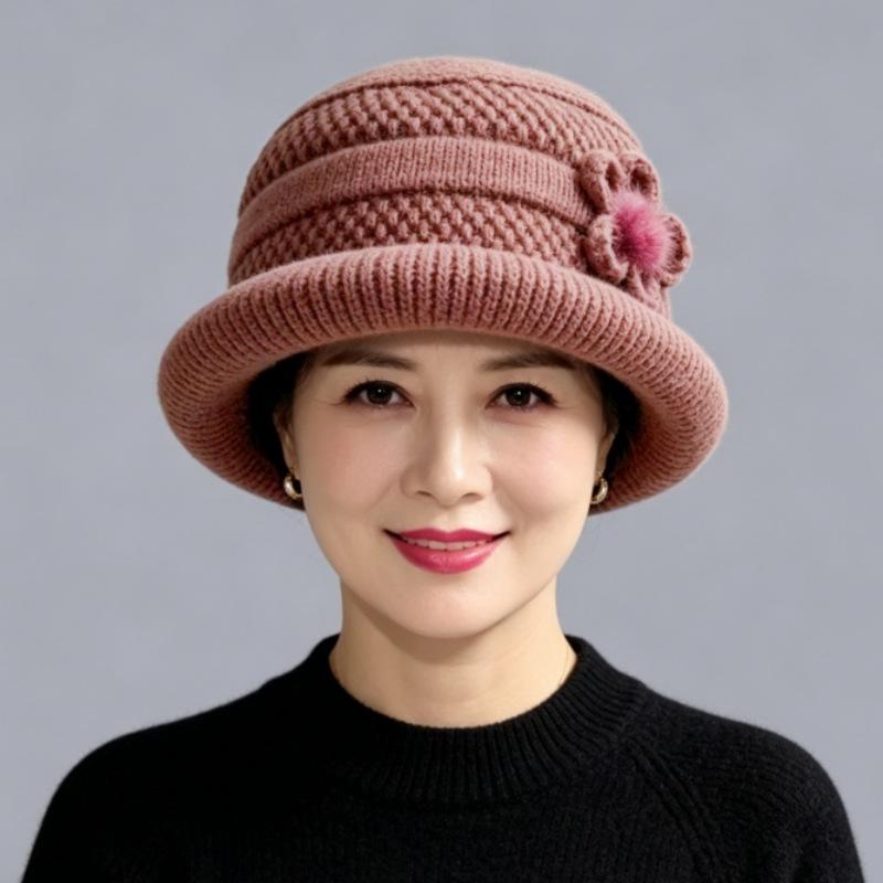 Middle-aged and elderly warm wool hat women's fashion versatile mother basin hat fleece ear protection hat winter cold-proof knitted hat