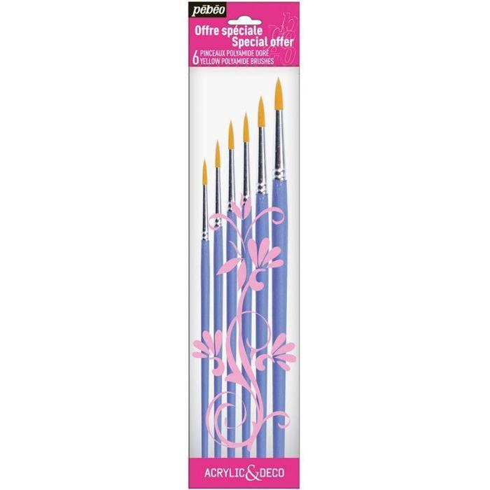Brushes - PEBEO - Pack of 6 - Gold Polyamide - Stainless Steel Ferrule - Wooden Handle