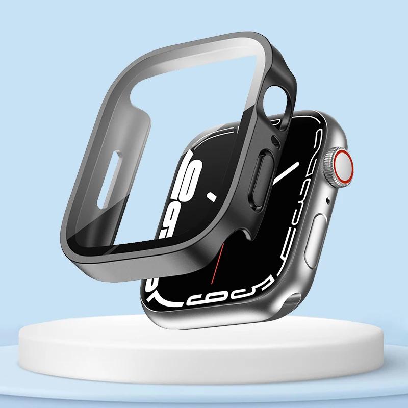 Waterproof Watch Case Glass Screen for Apple Watch Cover 40mm 44mm 41mm 45mm Frame Straight Edge Bumper IWatch Series 9 8 7 6 SE