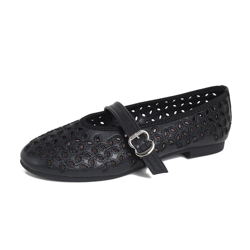 - Hollow Mary Jane shoes embroidered thread comfortable and breathable flat bottom shallow mouth single shoes