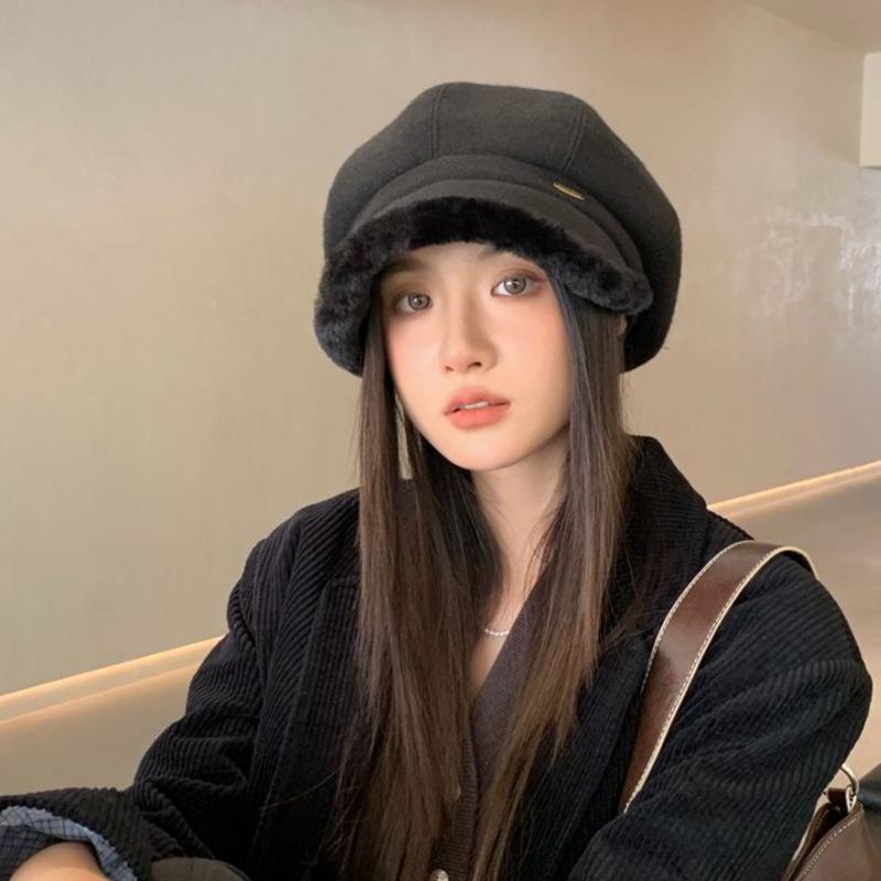 

British Retro Versatile Fisherman Hat for Women in Autumn and Winter Plus Down Duck Tongue Beret Japanese Style Warm Ear Protection Octagonal Hat One Size