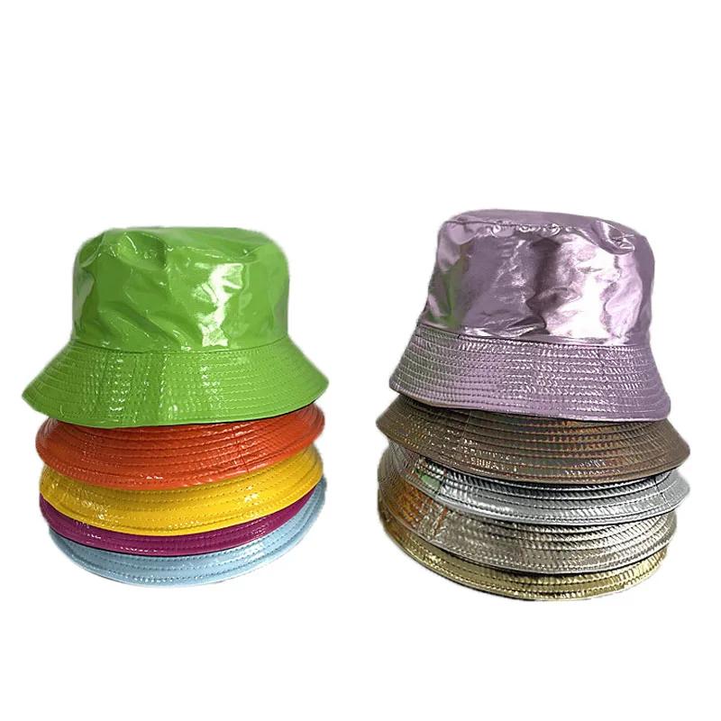 Modny Błyszczący Kapelusz Bucket Hip-Hop dla Kobiet Mężczyzn Skóra PU Wodoodporny Kapelusz Panama Letni Kapelusz Rybaka Bob Kapelusz Słoneczny Kapelusz Wędkarski