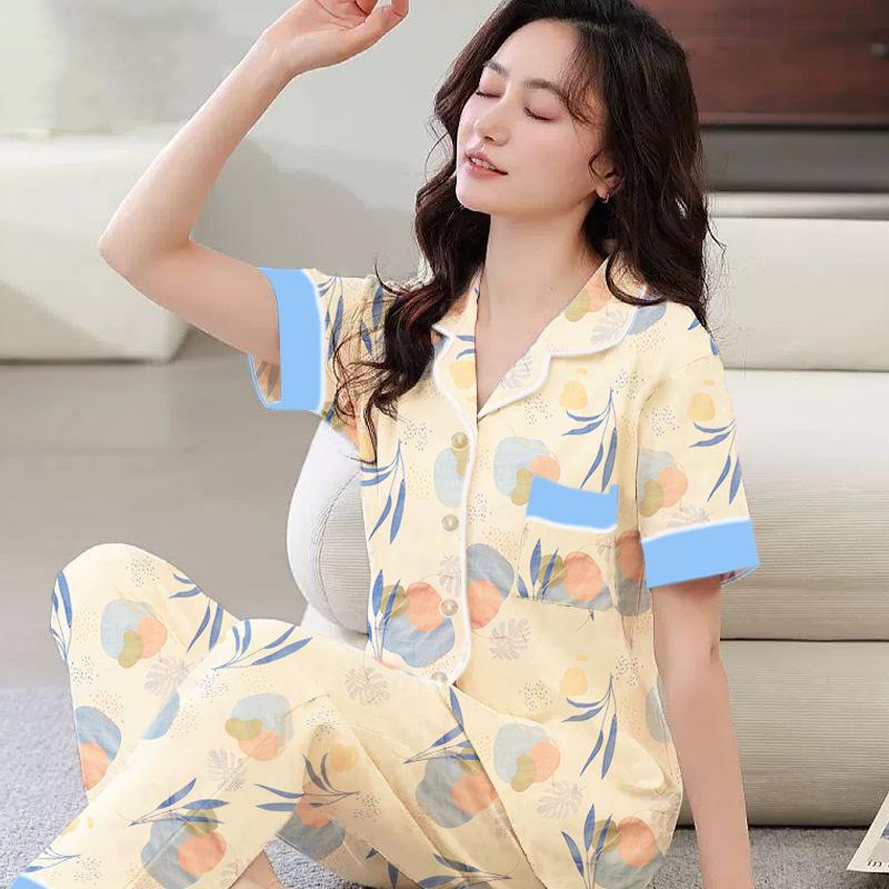 Imitation cotton pajamas women's summer new short-sleeved trousers new sweet cardigan medium and large size loungewear set