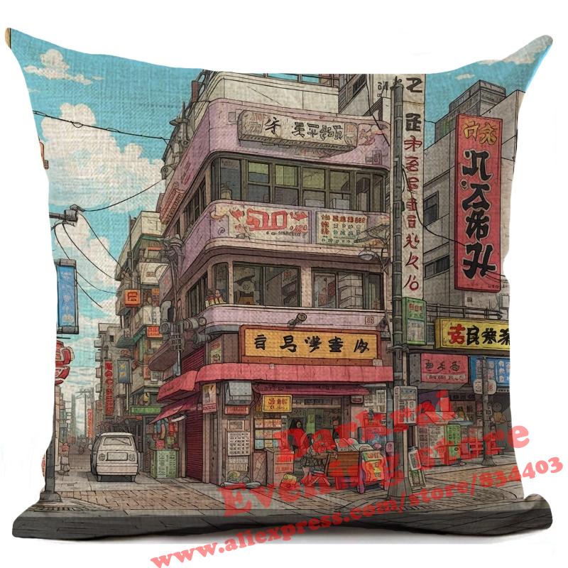 Cartoon Straßenecke Leinen Kissenbezug Japan Architekturstil Heimdekoration Wohnzimmer Sofa Dekokissen Hülle 45x45cm