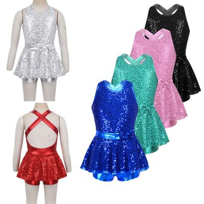 Vestito da body per danza classica con fiocco in vita, senza maniche, con paillettes, incrociato sul retro, per bambina, jazz moderno