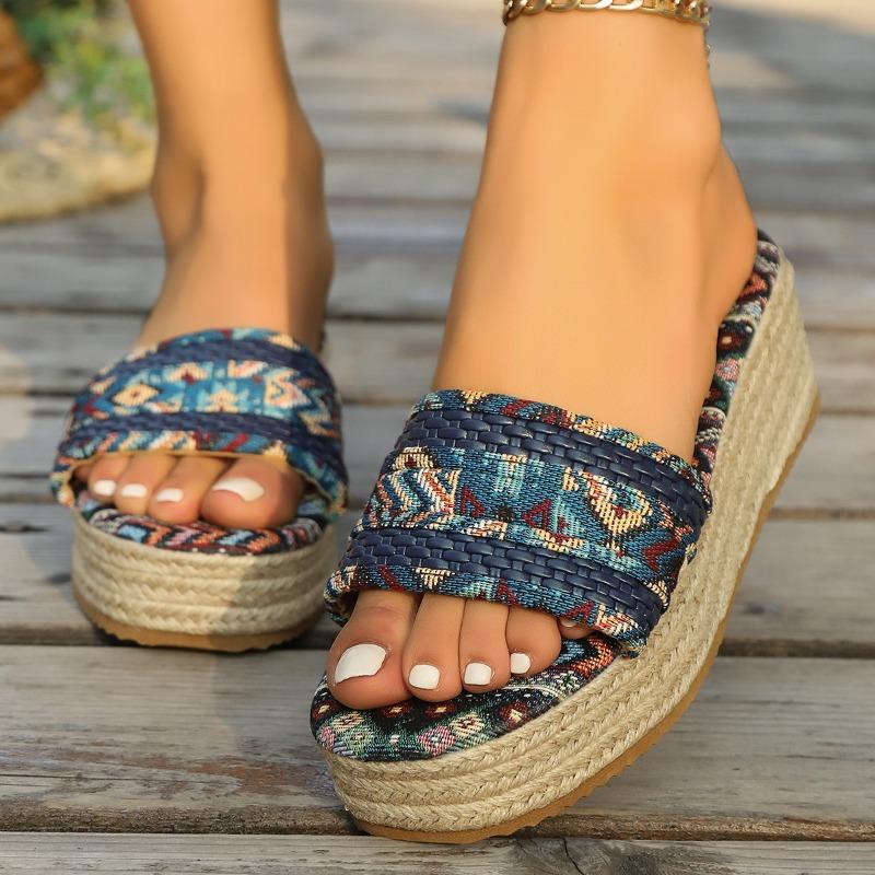 New large size thick-soled slippers women's summer new hemp rope bottom slope heel color matching font