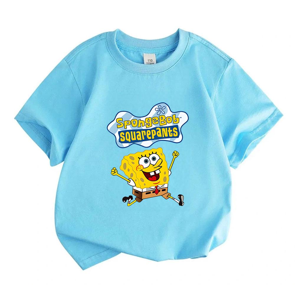 Kids Boys Girls Crew Neck Short Sleeve 100% Cotton T Shirt, Cute Happy Cartoon Yellow Sponge Printed Casual Loose Tees for Children Daily Wear Holiday