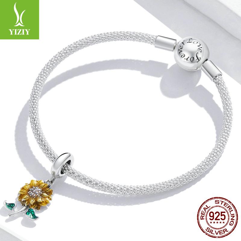 Sunflower S925 Silver Bracelet Pendant, Shining Sunflower DIY Beaded Accessories SCC2079