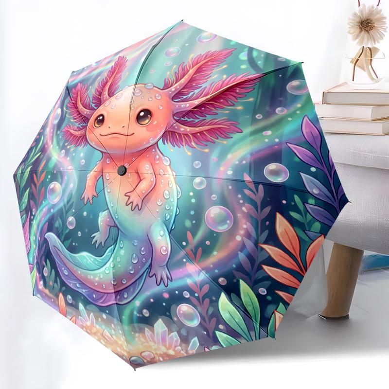 1pc Sturdy 8-Bone Auto Umbrella, Ethereal Axolotl Aurora Bloom Umbrella, Digital Printed, Foldable Umbrella for On-the-Go Outdoor Use