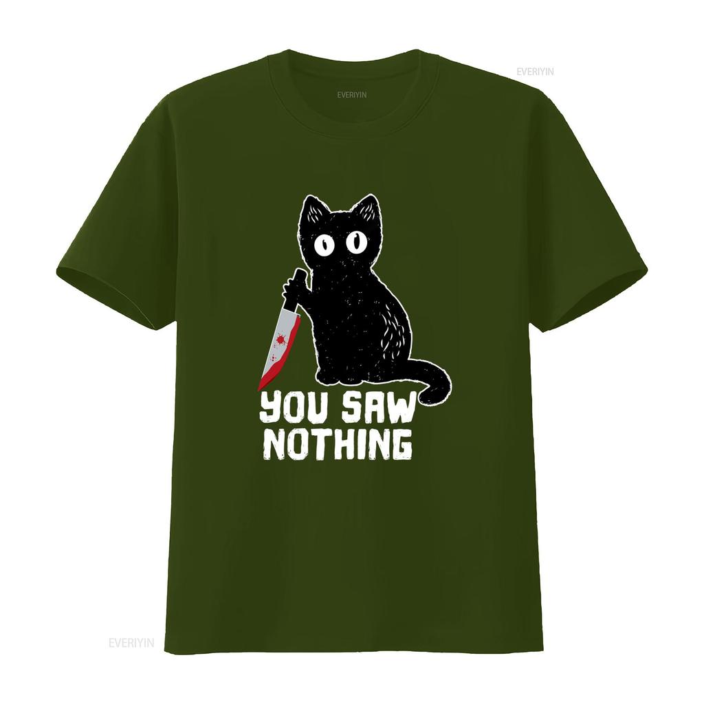 Mens Halloween Funny Cat T Shirt with Bloody Knife You Saw Nothing vintage Washed Top For Everyday Wear Comfortable graphic