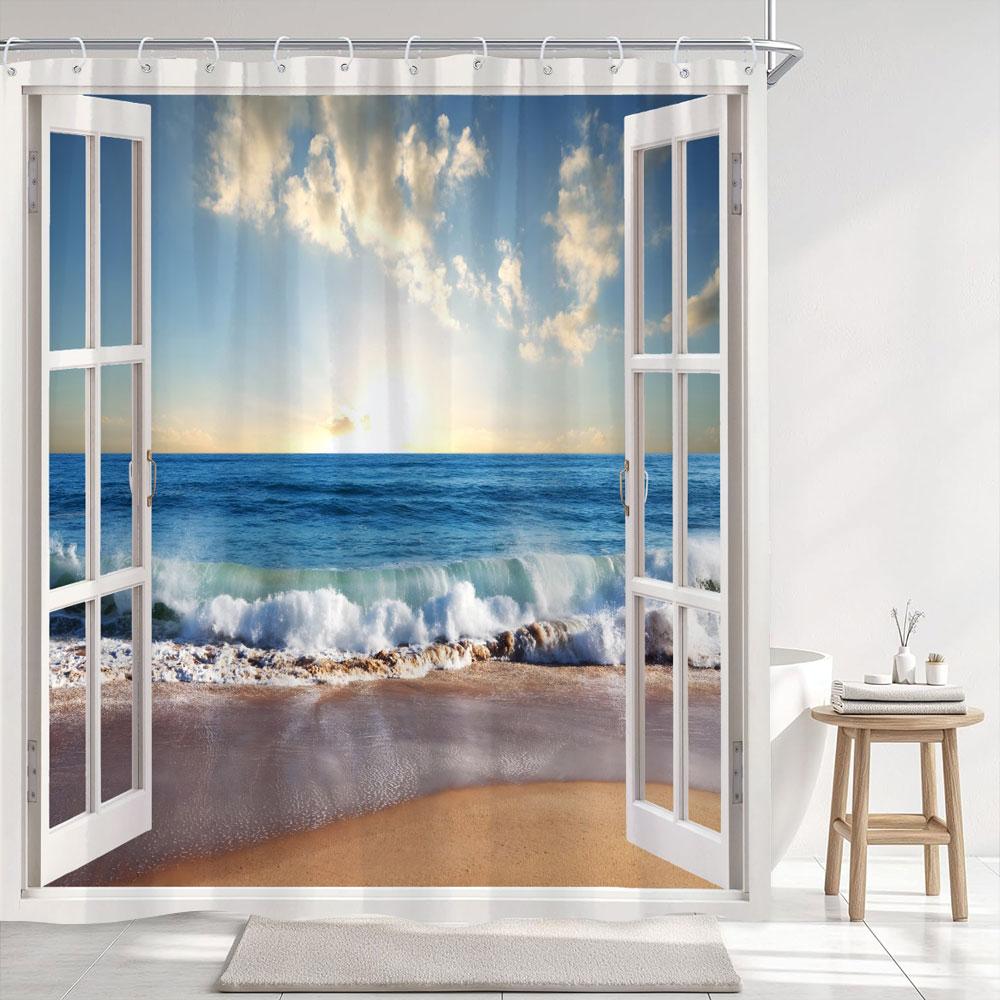 Dämmerung Sonnenuntergang Meeresstrand Außenlandschaft Duschvorhang Küsten Naturlandschaft Polyesterstoff Heim Badezimmer Vorhänge Badezimmer Dekor
