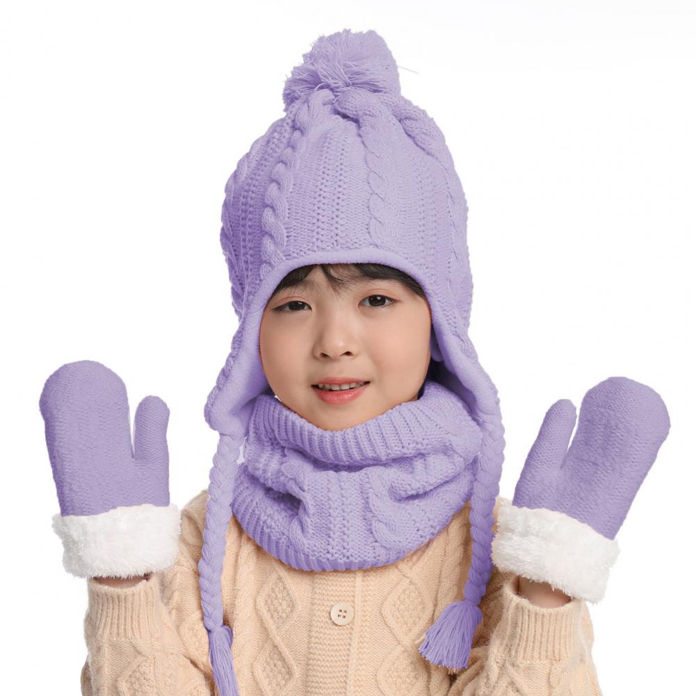 3 Pcs/Set Children Hat Scarf Glove Set Thickened Plush Ball Decor Twisted Texture Knitted Heat Retention Windproof Warm Girls Bo