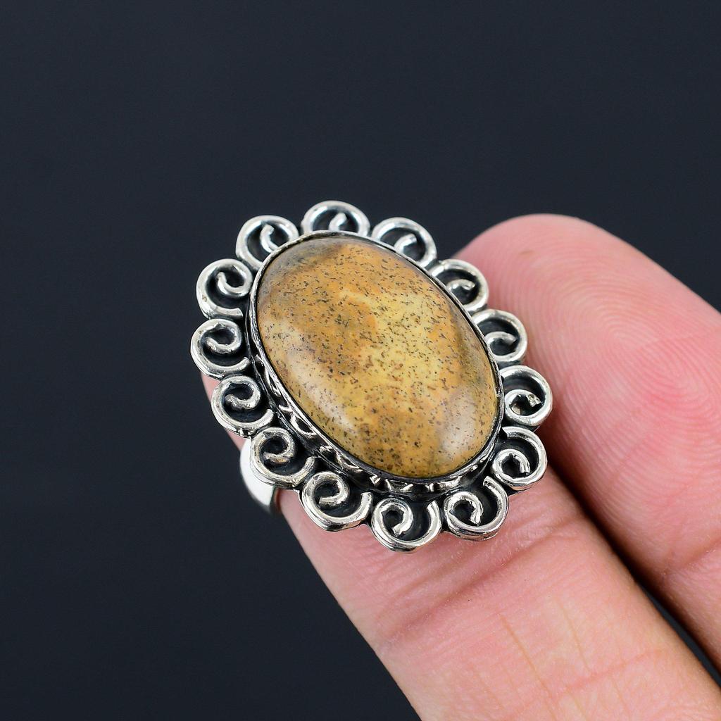 Picture Jasper Gemstone 925 Sterling Silver Art Deco Handmade Ring Jewelry US 6