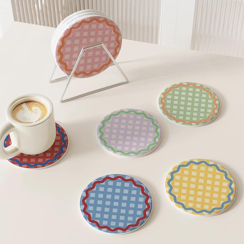 Round Plaid Hard Diatom Mud Coffee Tea Coaster Thermal Insulation Pad Office Non-slip Absorbent Pad