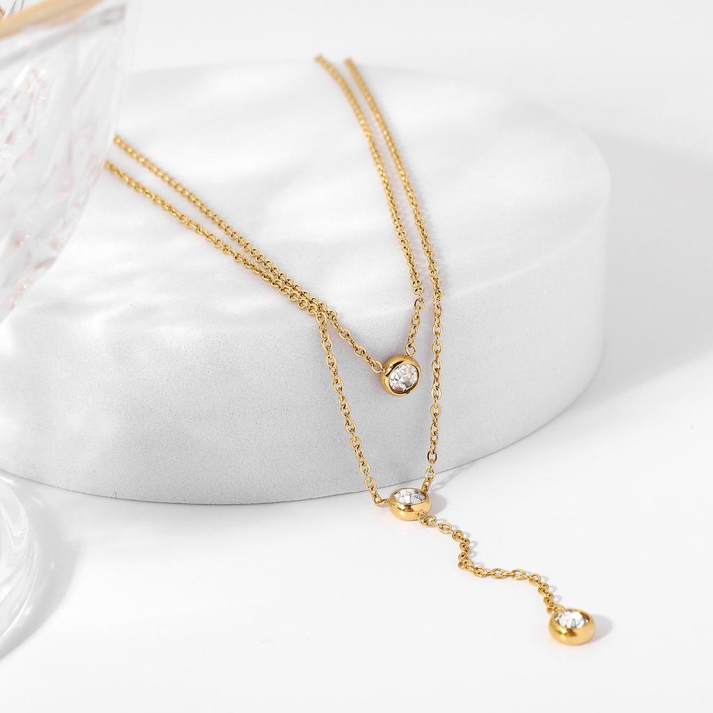 Stainless Steel Double Layer Y Shape Chain Zircon Pendant Necklace For Women Statement Choker Necklace
