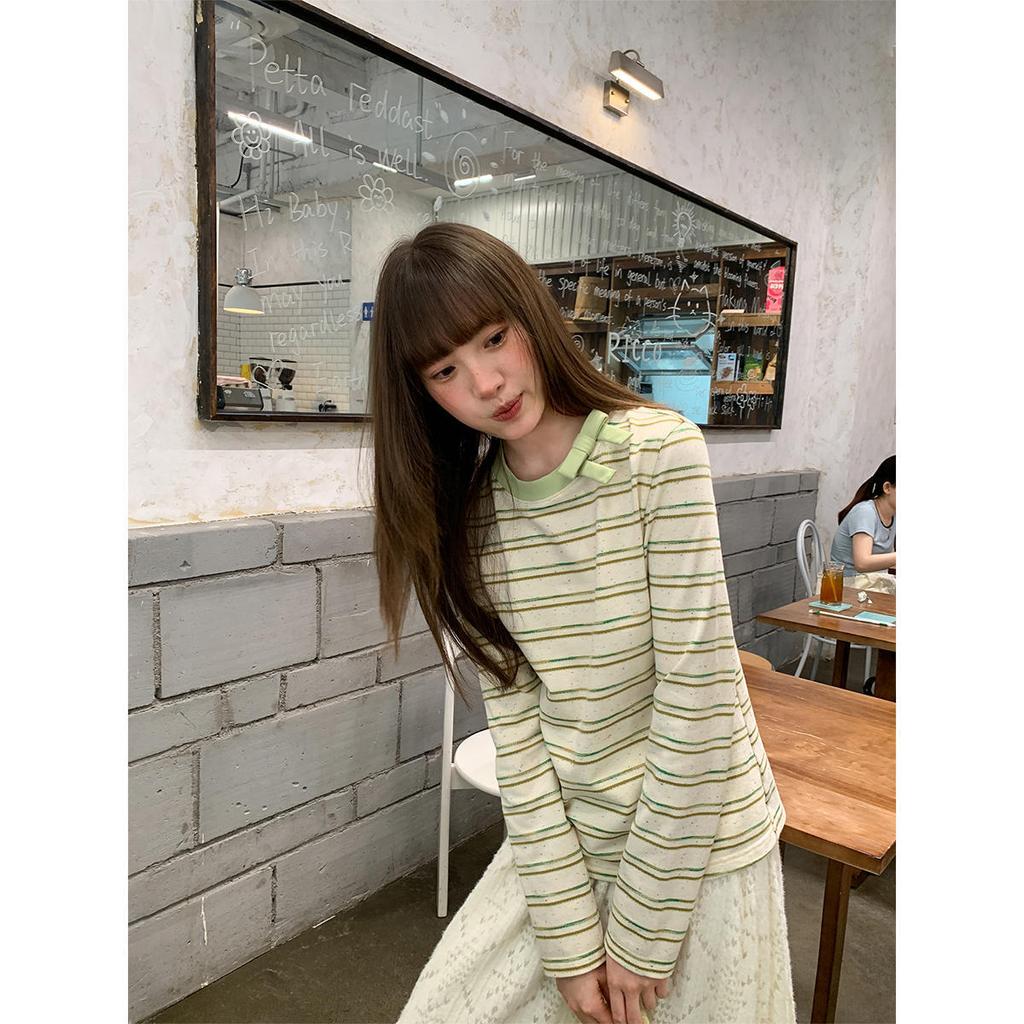 Women's Crew Neck Long Sleeve T Shirt Loose Fit Striped Cotton Bow Decor Soft Washed Fabric Casual Layering Top Spring Autumn Basic Tee
