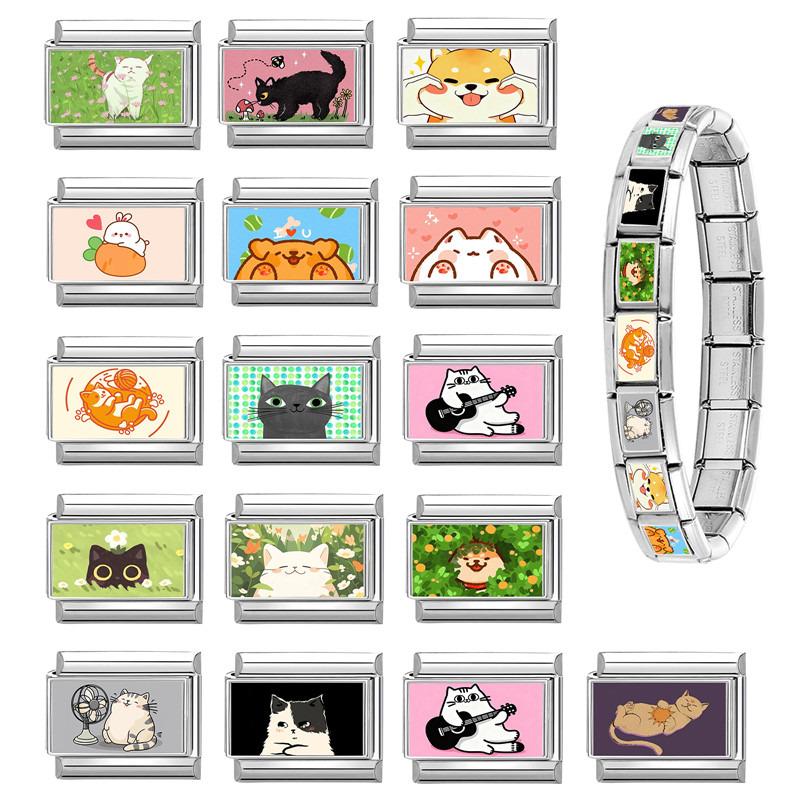 Y2K Cartoon Cat Dog Flower Love Rabbit Guitar Italian Charm Links Fit 9mm Stainless Steel Bracelet Women Men DIY Making Gift