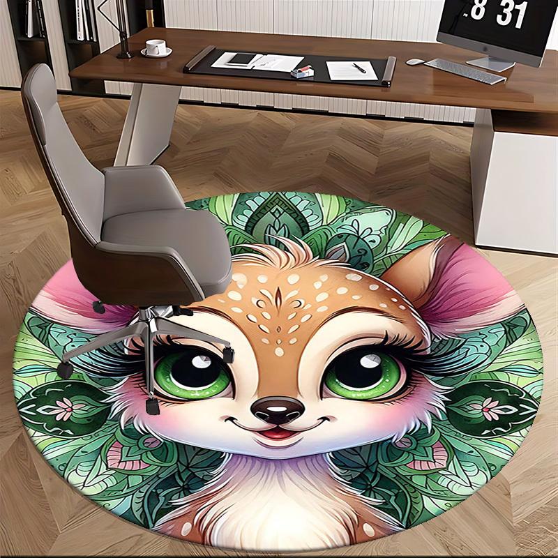 1pc Anime Inspired Forest Creature with Floral Mandala Round Carpet Office Chair Mat, Non Slip Rug for Home Decor, All Seasons