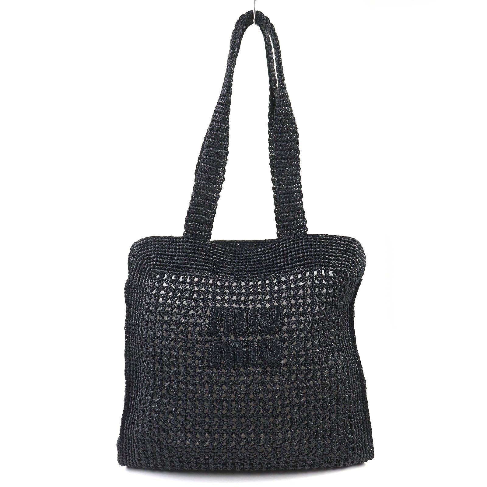 

Чудова сумка-тоут MIUMIU з логотипом, плетена гачком, сумка-кошик, чорна рафія, жіноча 5BG230, б/в