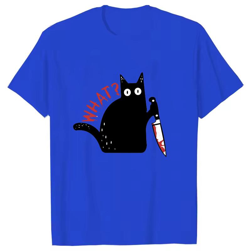 Black Cat with a Knife Rinted Tshirts Unisex Women Unisex Casual Loose Round Neck Creative Personalized Tshirts WHAT Pattern Top