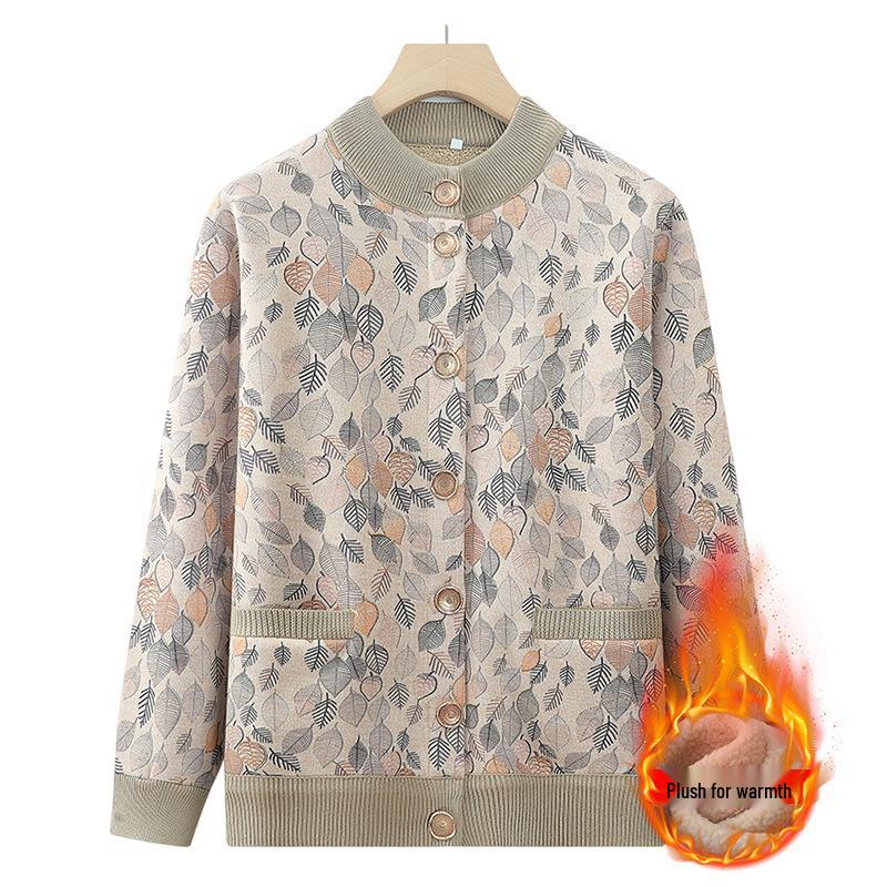 Autumn & Winter Fleece-Lined Floral Cardigan for Moms & Grandmas