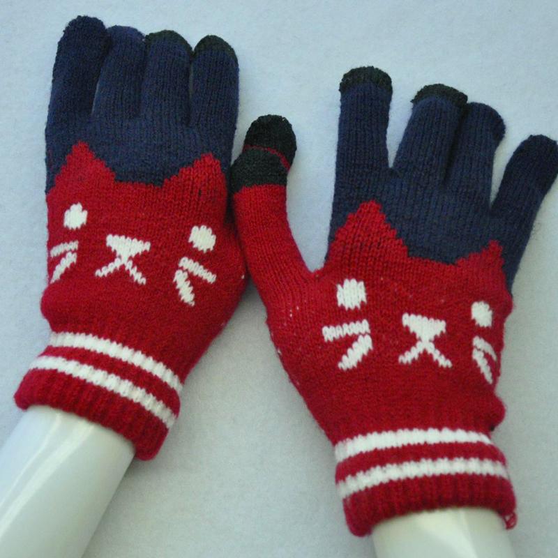 Zimní Kočičí Žakárové Všestranné Zesílené Teplé Pletené Rukavice Hravé Rukavice s Plnými Prsty Roztomilé Vícebarevné