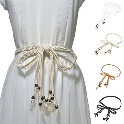 Womens Bohemia Braided Beads Thin Skinny Waist Rope Belt Self-Tie Waistband