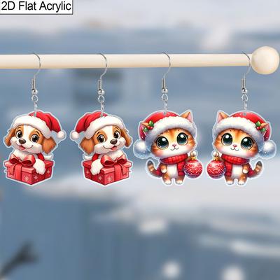 Christmas Gift-Animals Collection Acrylic Women's Fashionable Drop Earrings, Cute Cat & Dog Shape Designed Earrings for Women's Daily Wear