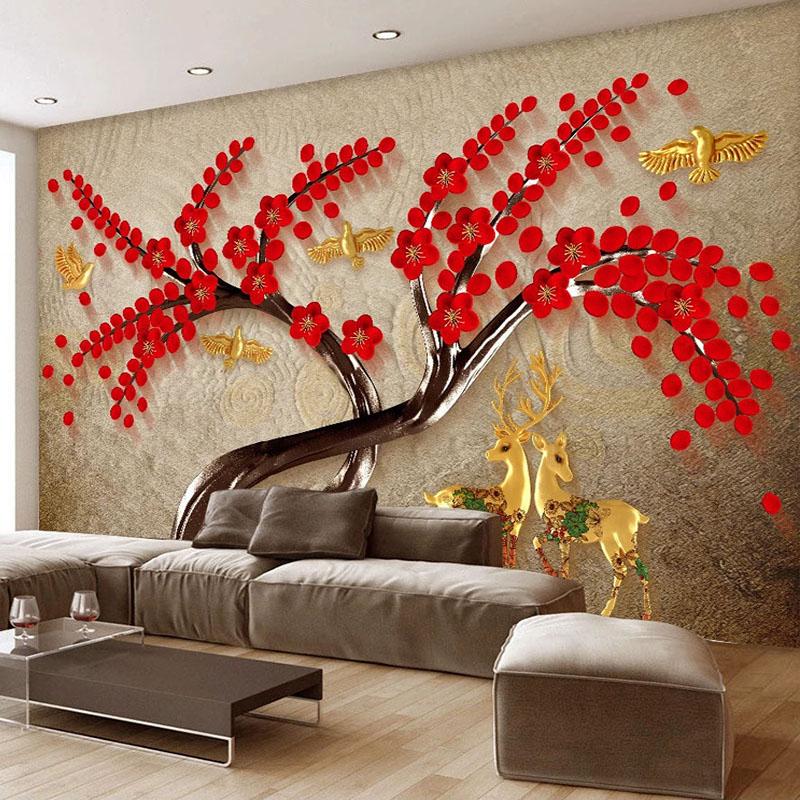 Mural European Style Retro 3d Elk Red Flower Bird Tree Wallpaper For Living Room Sofa Tv Background Wall Mural