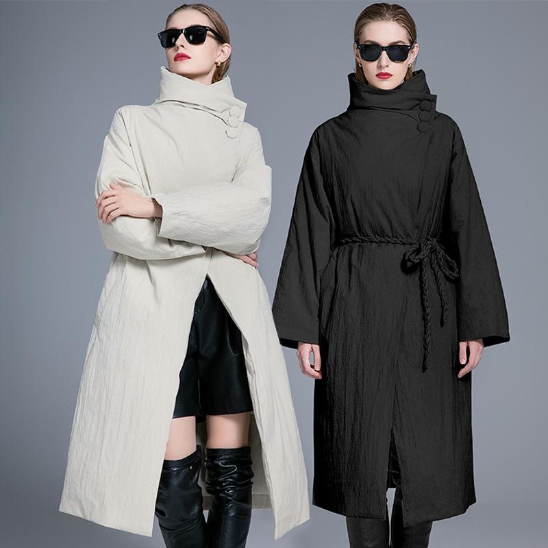pleated kinked belt loose new down jacket women's long large size thin design white duck down jacket
