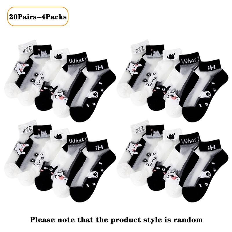 5-40Pairs Summer Black and White Cat Glass Fiber Breathable and Sweat Absorbing Women's Short Stockings Durable and Comfortable