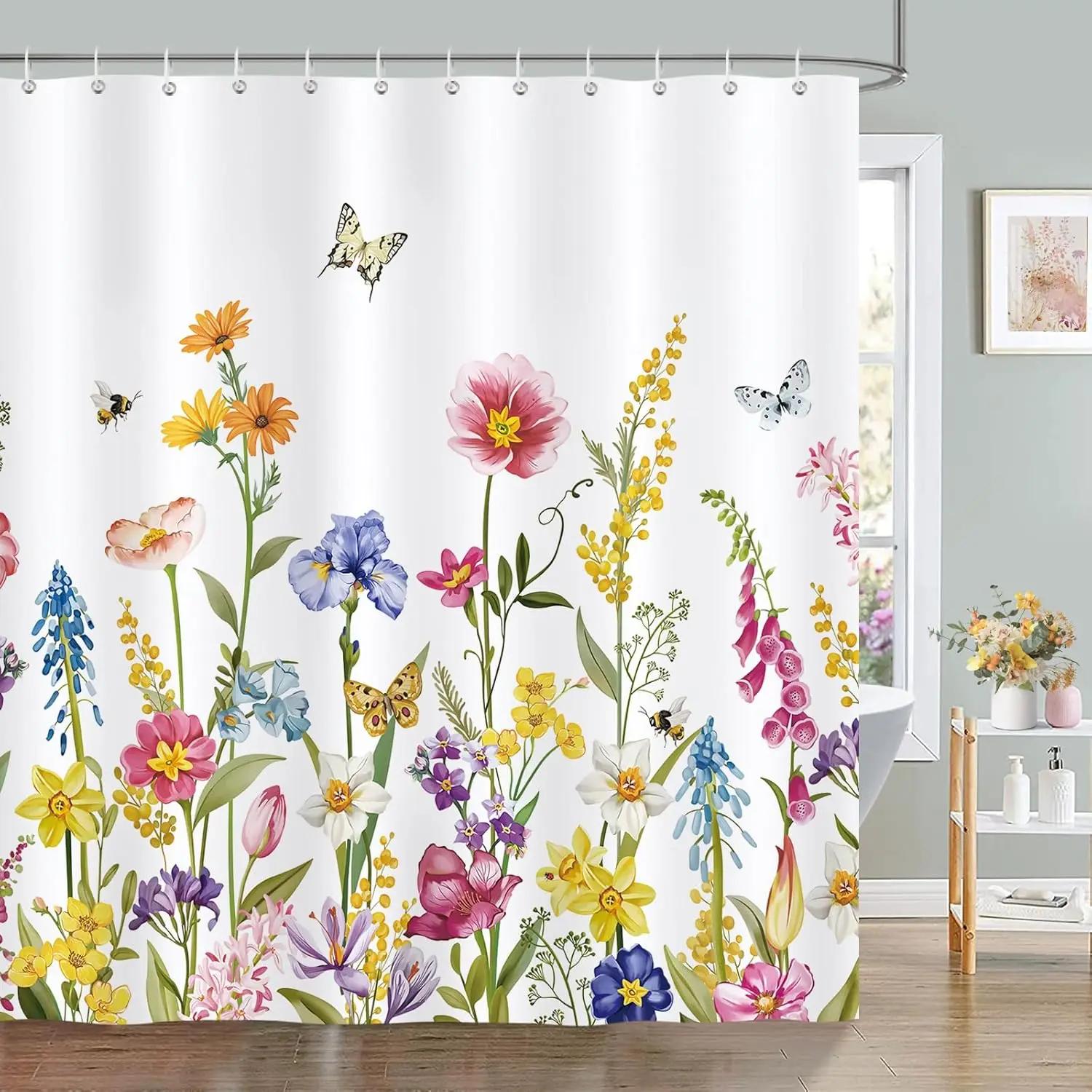 

Boho Floral Hummingbirds Shower Curtain Butterfly Flower Plants Leaves Bird Modern Bathroom Decor Fabric Bath Curtain With Hooks W60H190(CM)-1 Pcs
