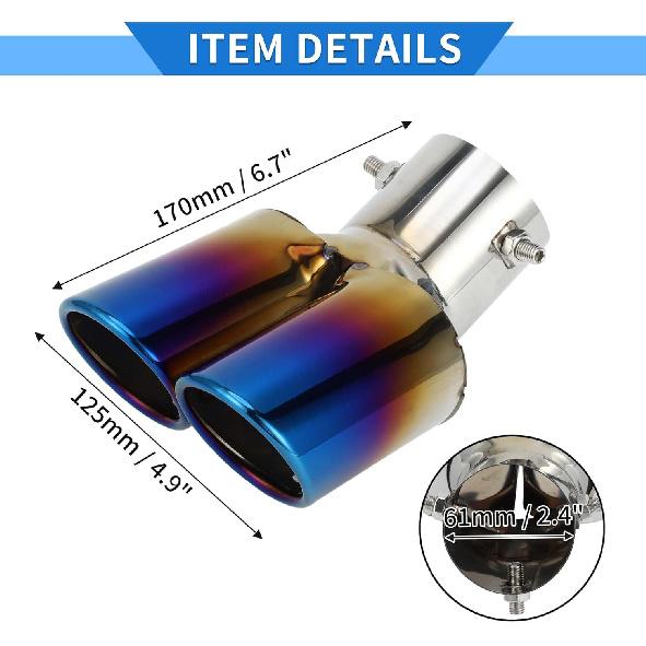 Slant Dual Exhaust Tip, 2.4" Inlet 4.9" Outlet 6.7" Length Tailpipe Universal for Car Bolt on Stainless Steel Burnt Blue