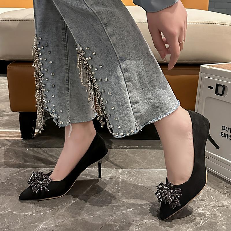 Fashion Women's Fashion Slim Heel Shoes Spring New Pointed Head Shallow Mouth Suede Crystal Anti-slip Wear-resistant High Heels